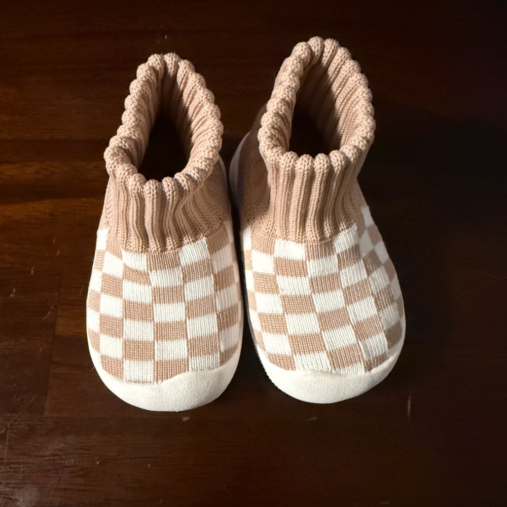 Kids Checkered Slip-On Shoes - Tan and White